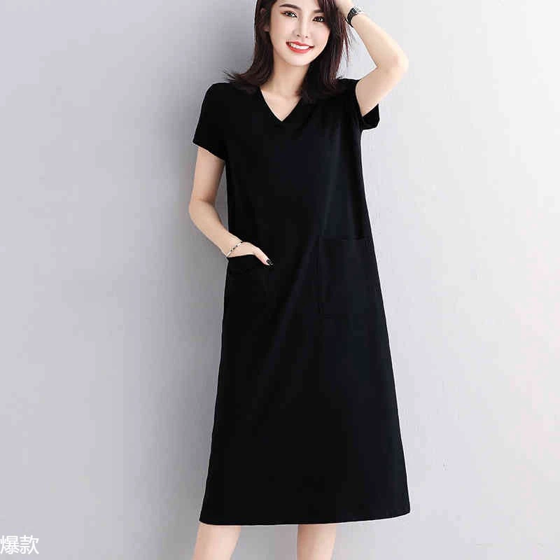黑色宽松领短袖连衣裙女气质夏季休闲大码遮肚显瘦中长款裙子