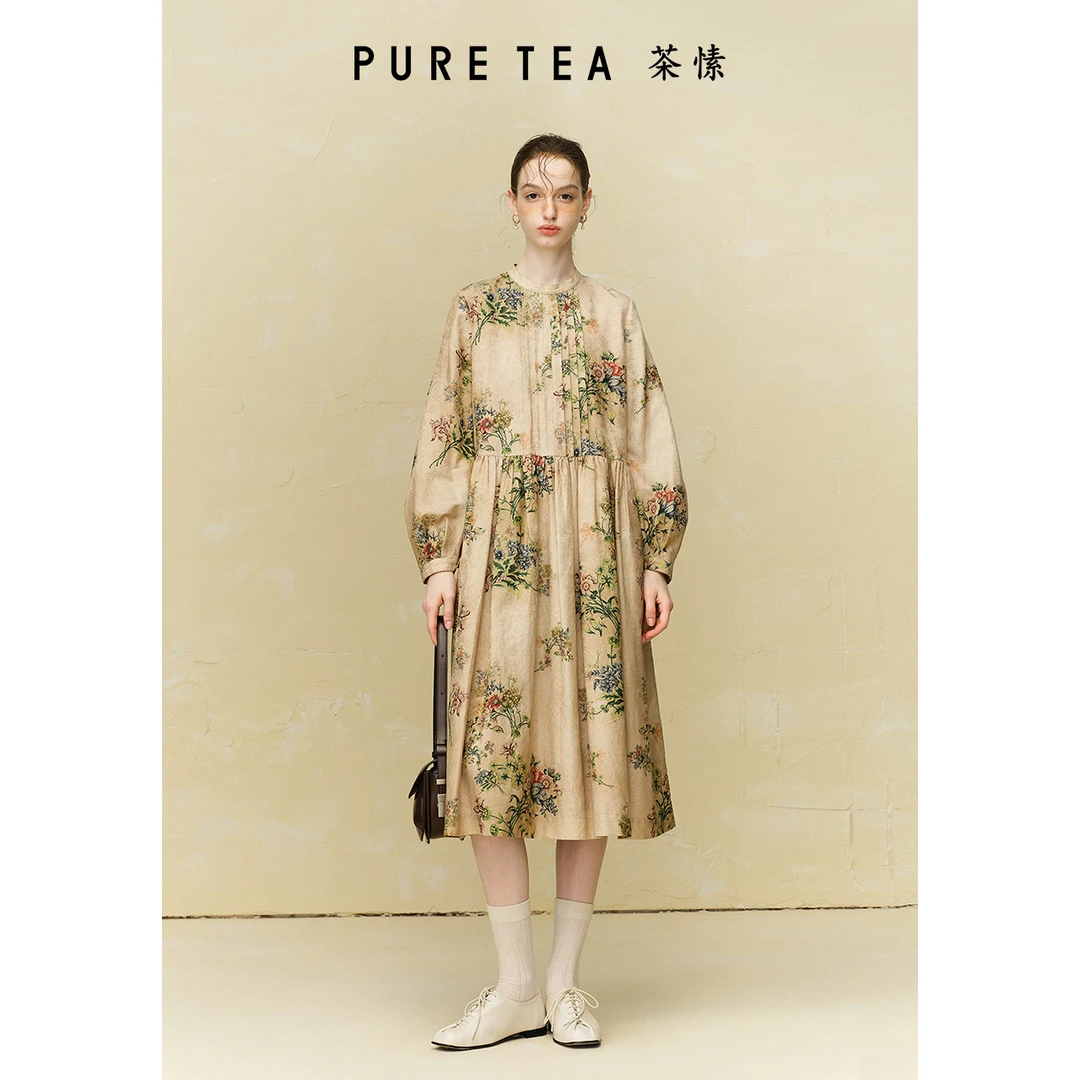 【油彩信件】茶愫丝棉复古印花半身裙女立体褶裥25早秋新TD2603C32