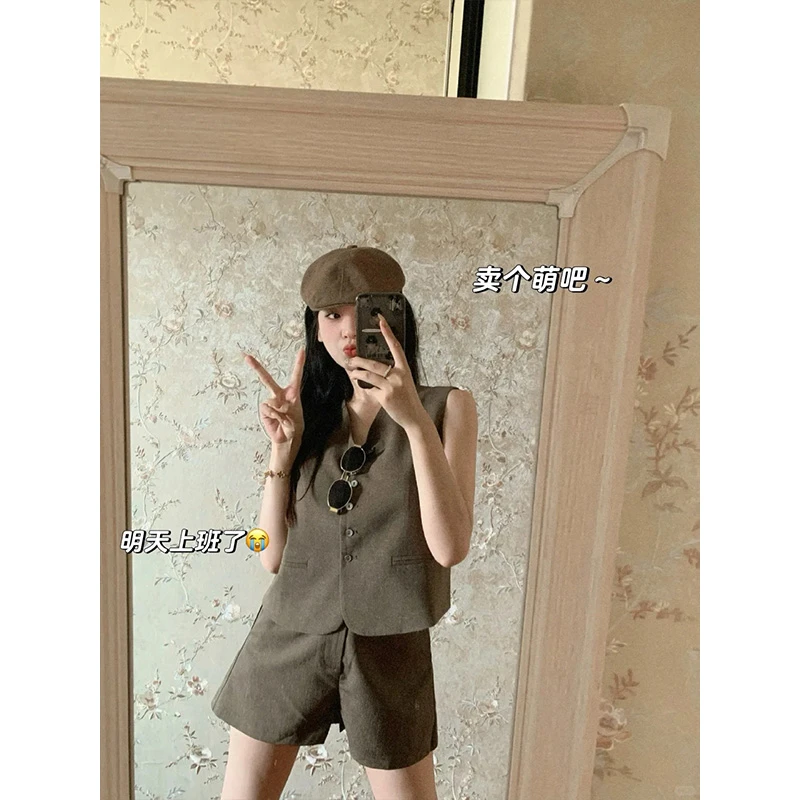 夏日美拉德小个子两件套显瘦无袖背心上衣高腰直筒休闲短裤套装女