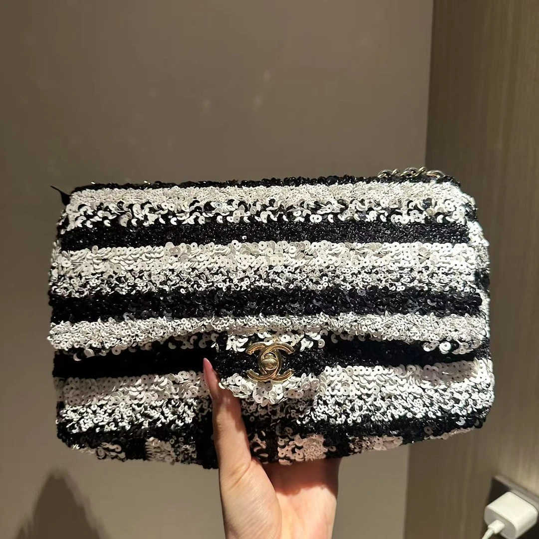 95新 Chanel/香奈儿 黑白雪纺cf单肩包/非真假不退补不换