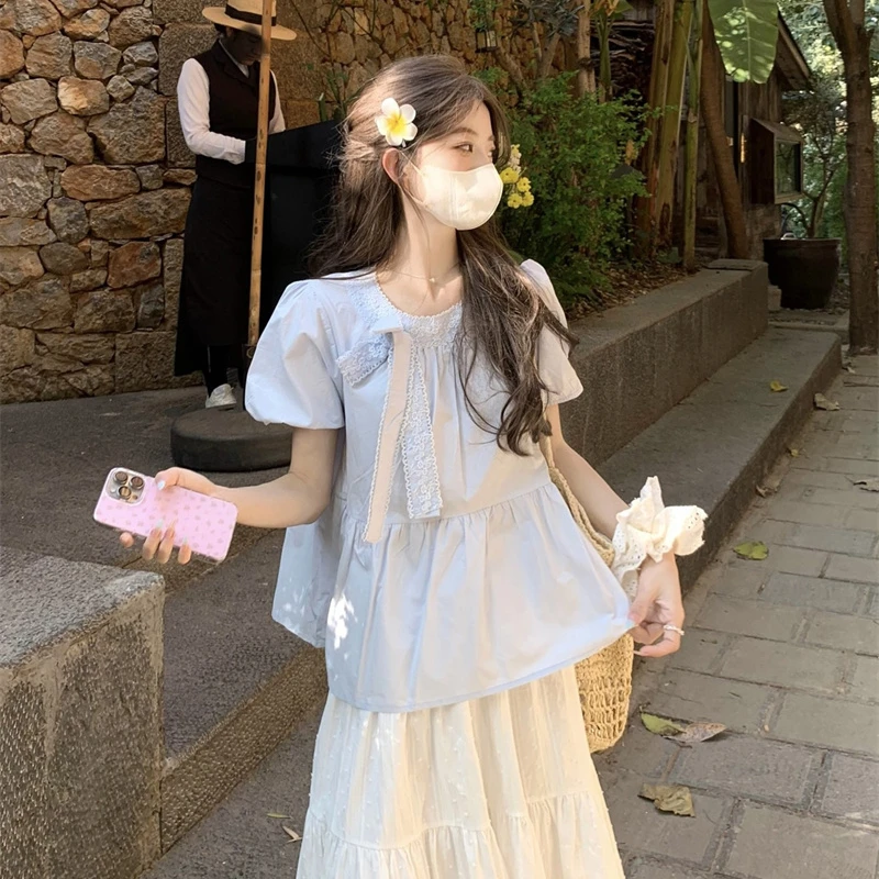 蝴蝶结蕾丝泡泡袖衬衫女夏季设计感压褶绑带衬衣的特别致绝美上衣