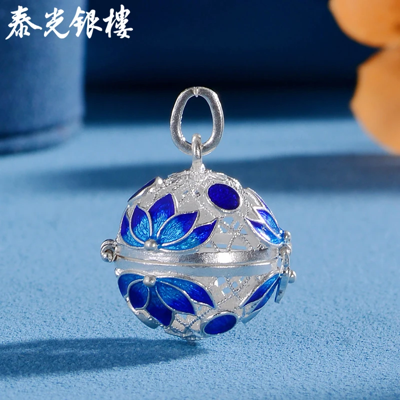 泰光银楼 吊坠足银珐琅 足银并蒂莲小锦囊花丝吊坠纯手工