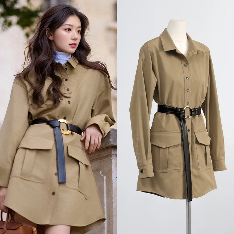 刘诗诗同款收腰显瘦卡其色风衣高级感工装风中长款外套女