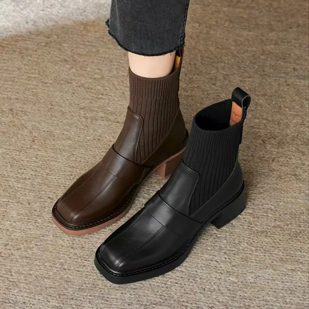 [鞋老板9]秋季新款牛皮针织英伦风方头女短靴舒适百搭手工靴561