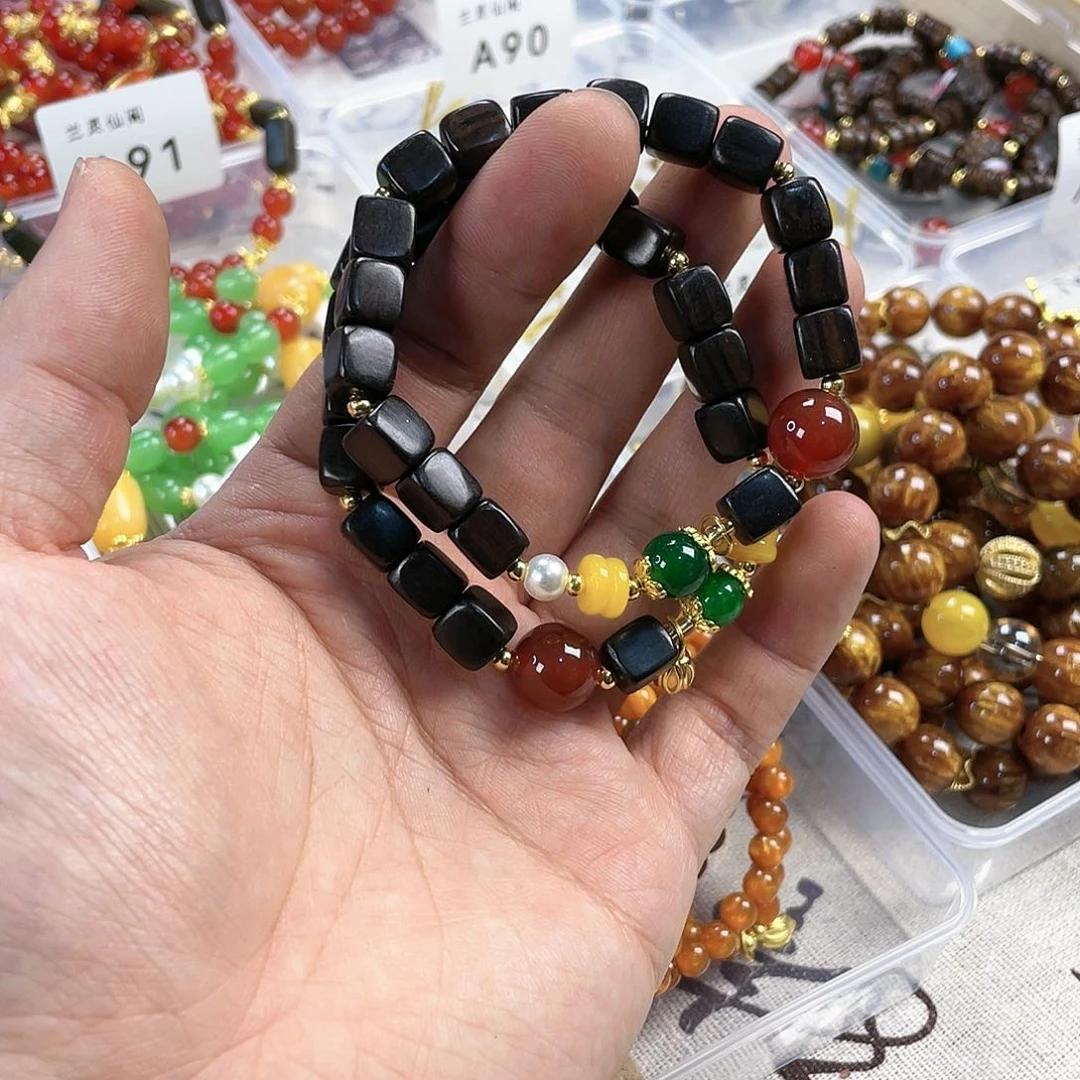 檀香木手串银S925镀金镶嵌