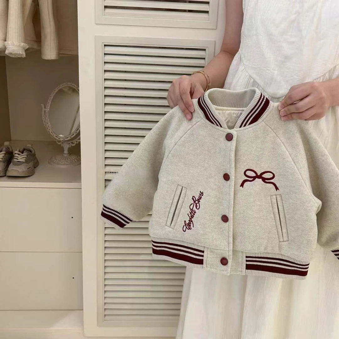 女童外套秋冬款2025新款儿童棒球服夹棉加厚上衣韩系童装毛呢大衣