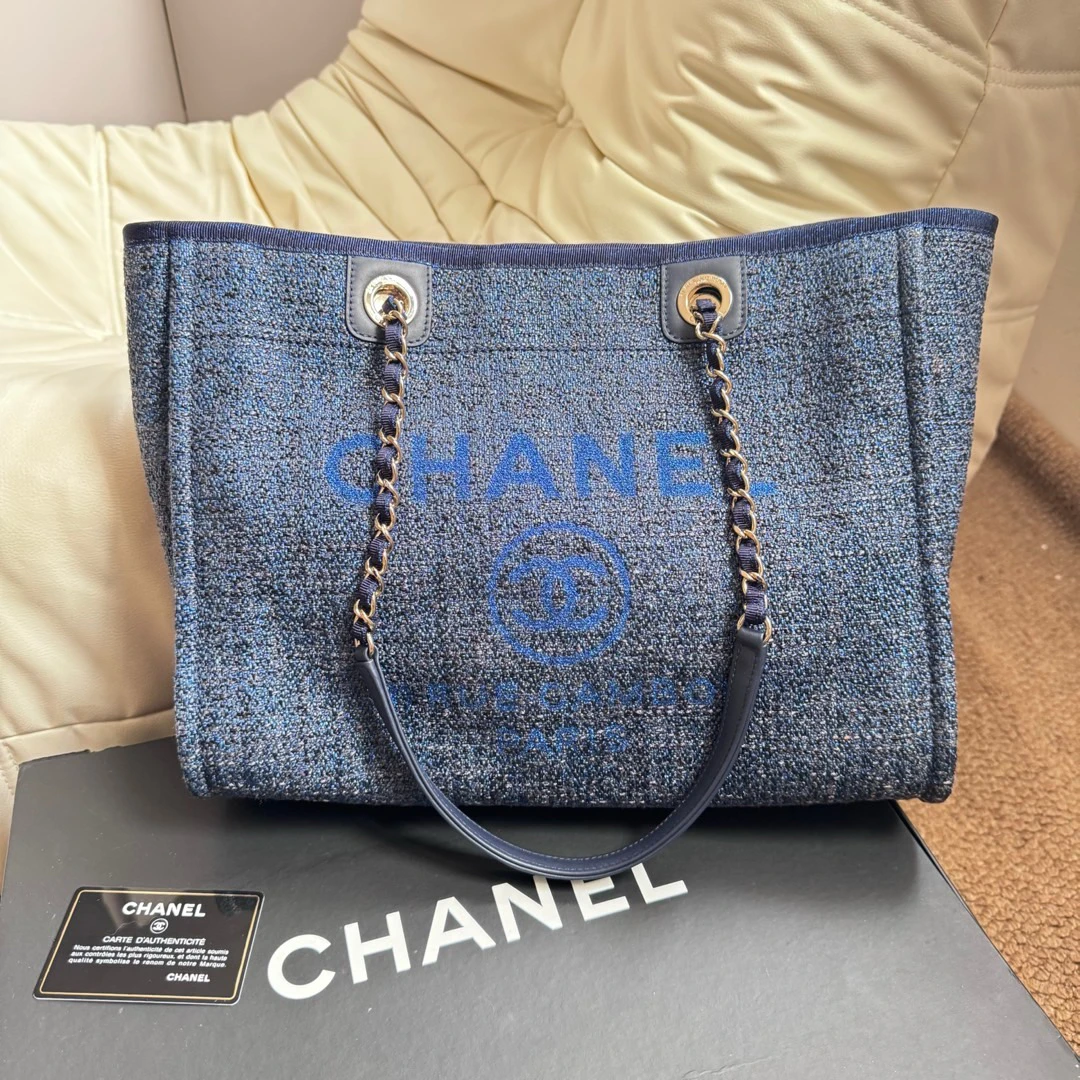 95新 Chanel/香奈儿 Chanel 蓝金 帆布拼皮 沙滩中号/664552779