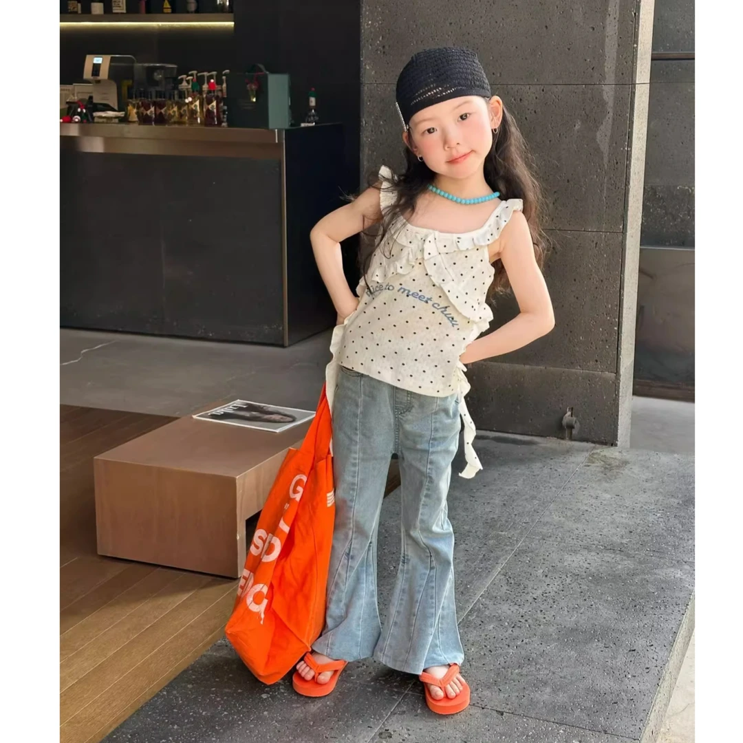 夏季女童韩版洋气不规则荷叶花边设计感波点吊带背心牛仔喇叭裤