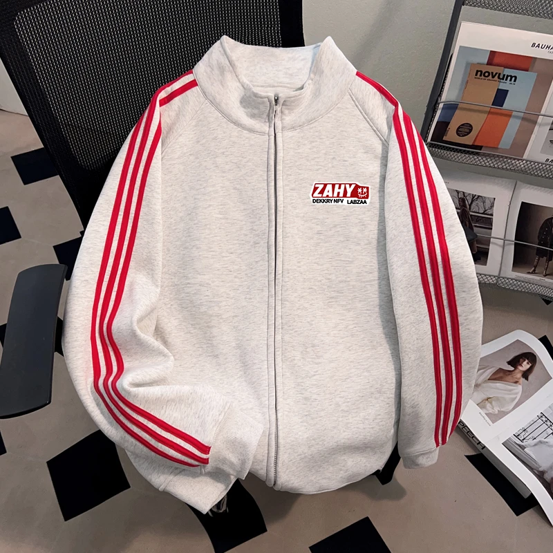 jtrt潮牌ins三条杠开衫立领秋冬季男女创意印花休闲运动拉链外套