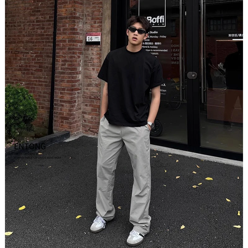 Entong夏季凉感宽松微喇直筒显瘦速干休闲裤男士潮流百搭薄款长裤