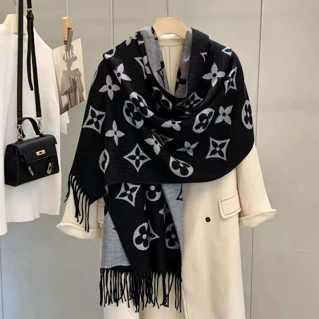 黑灰双面羊绒围巾女秋冬季百搭加厚围脖新款流苏高级羊毛保暖披肩