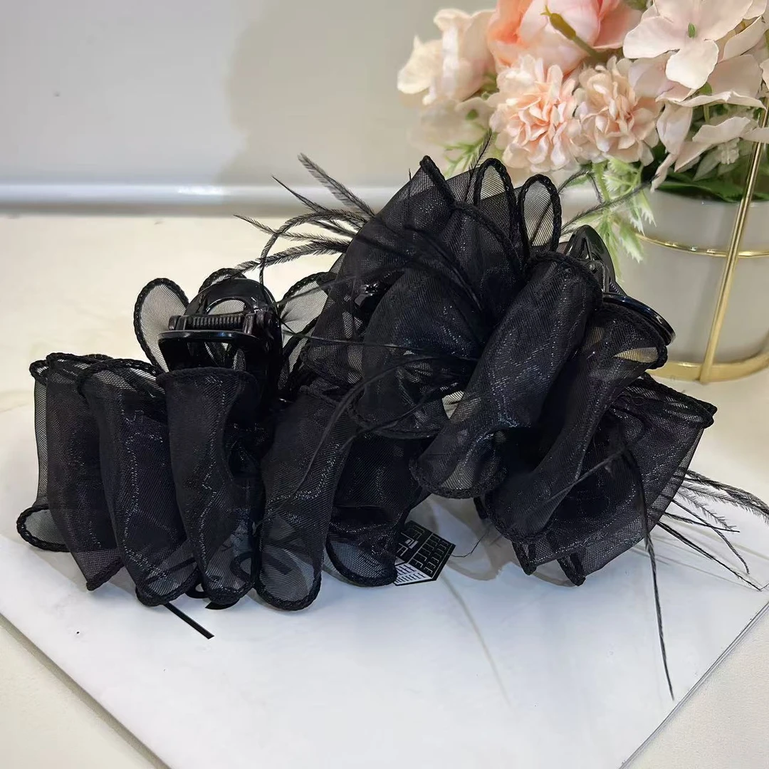 黑色包边云朵纱发饰女抓夹百搭轻奢黑色优雅头饰A017