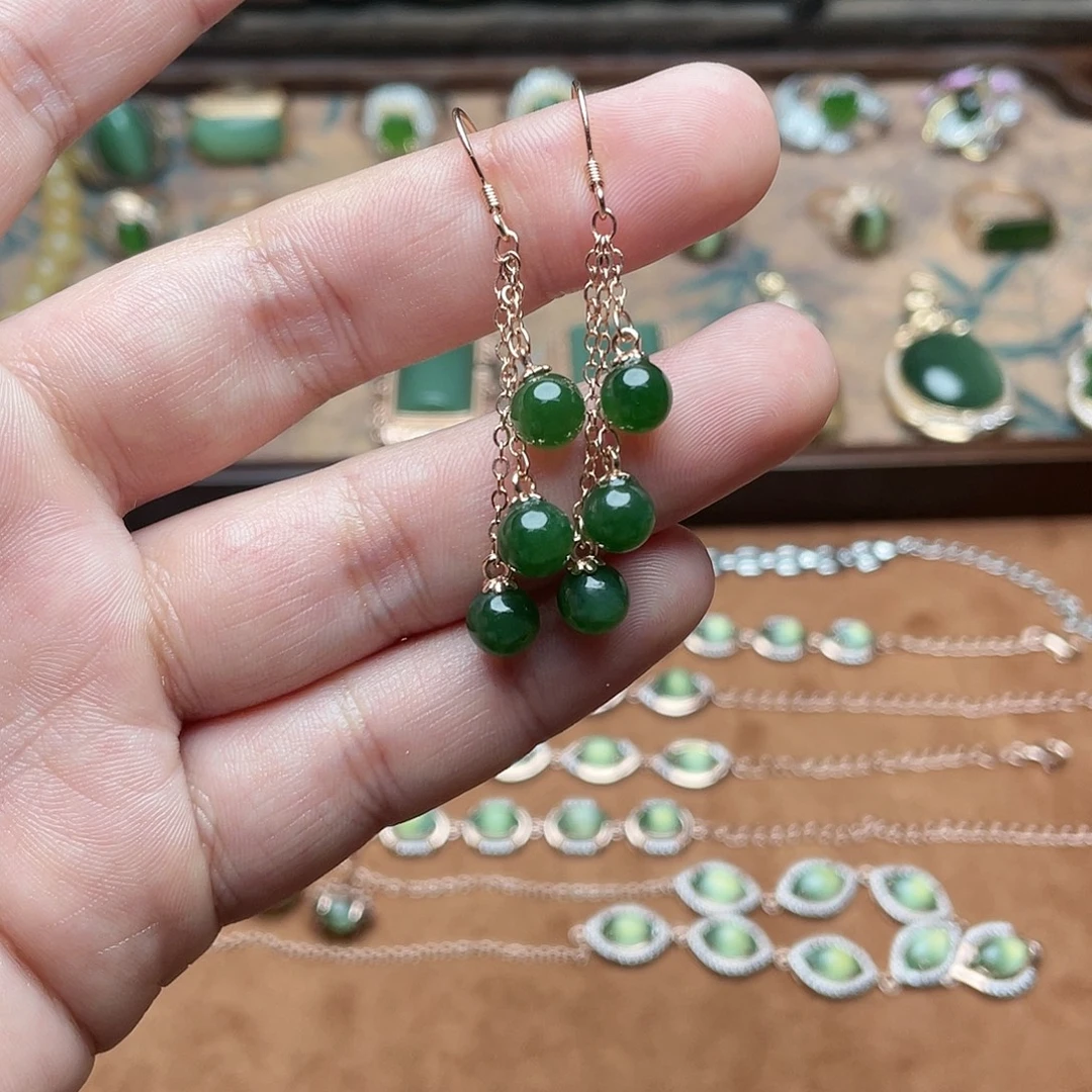 和田玉（碧玉）银S925镶嵌颈饰耳钉