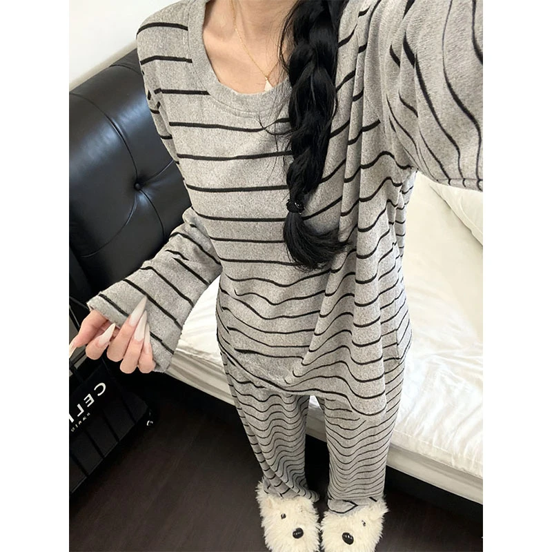 韩系条纹设计感德绒长袖睡衣女款春秋季冬天加厚可外穿家居服套装