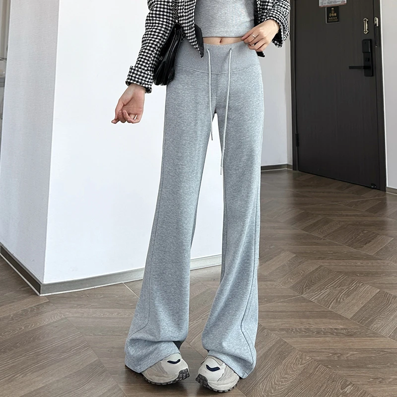 小个子微喇裤女2025春秋加厚宽松百搭直筒垂感休闲高腰灰色喇叭裤