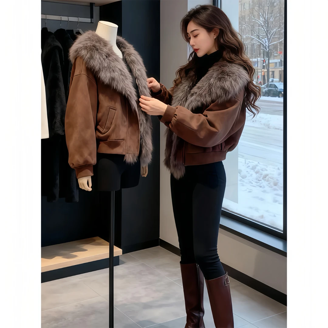 2026年冬季网红新款时尚洋气宽松高级感欧货大毛领棉服短款外套女