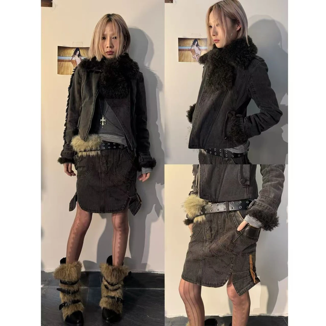 Fearless”牛仔复古刺绣洗水拼皮套装外套裙