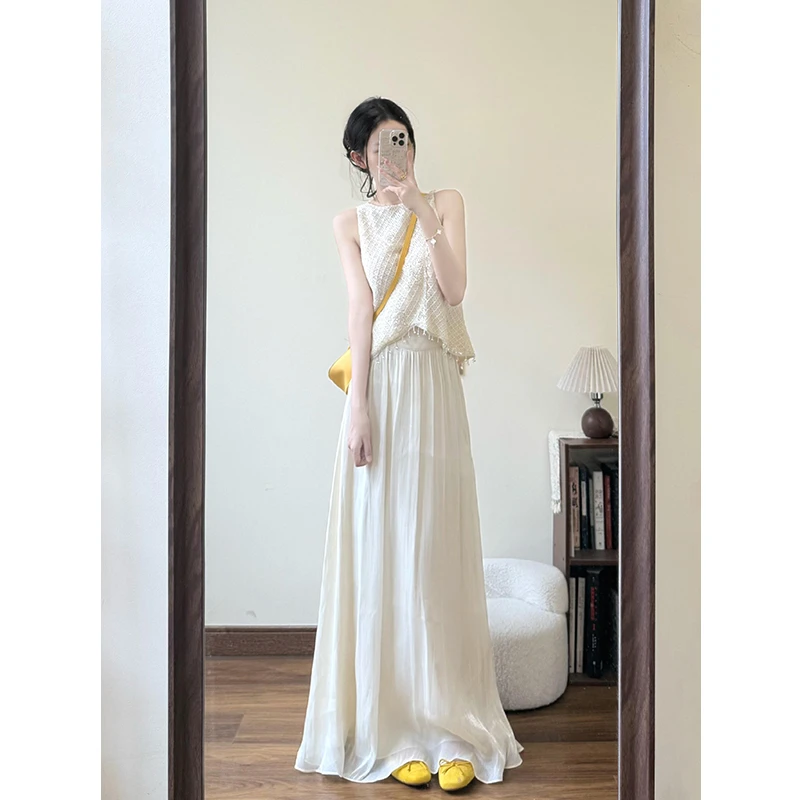 一整套ootd穿搭时尚设计感无袖上衣女夏季仙女裙小众气质长裙套装