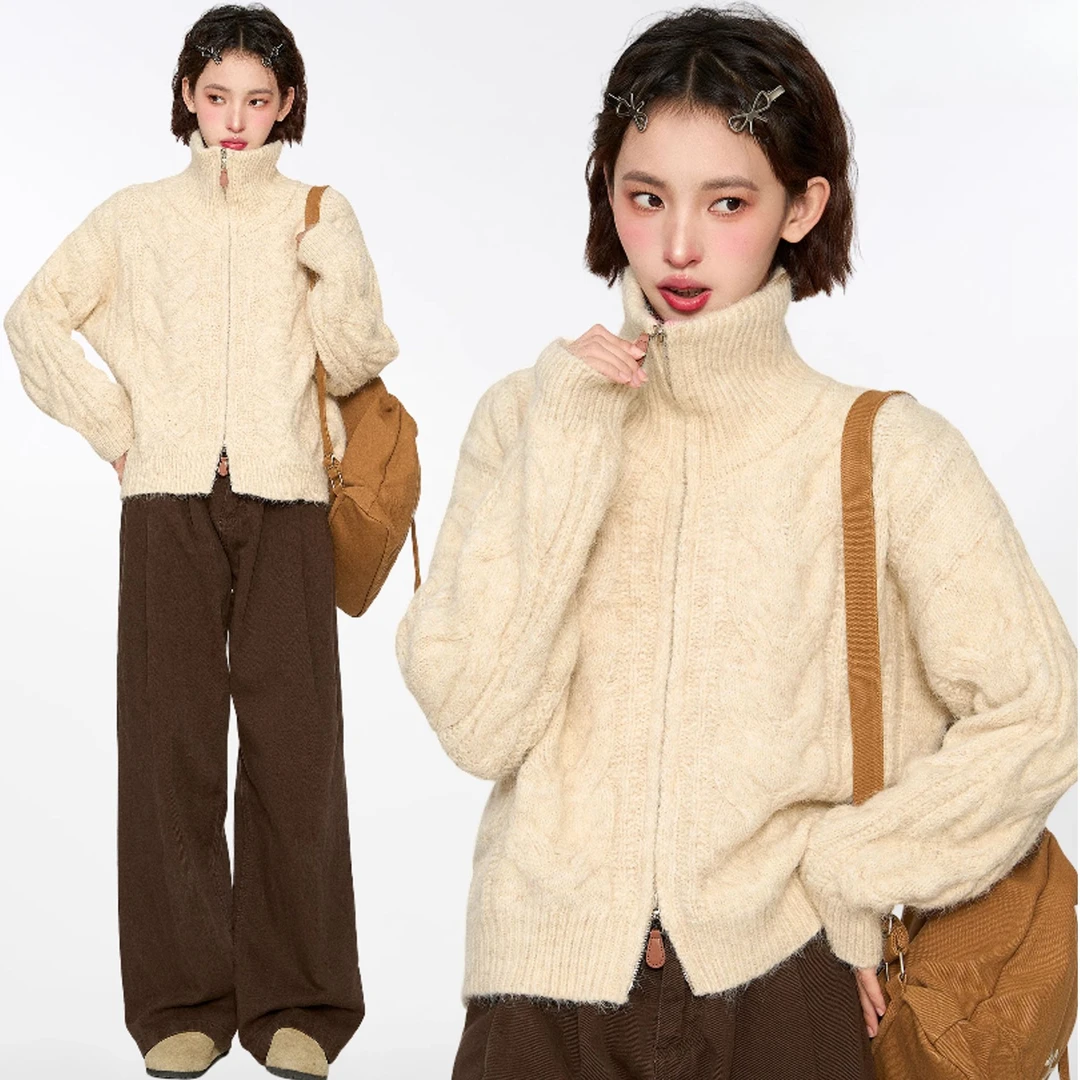 法式慵懒风高级感拉链毛衣外套女2025年秋冬新款独特别致针织上衣