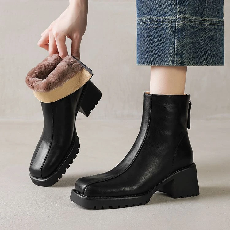 6cm~复古真皮方头厚底百搭粗跟女2025冬季时尚通勤加厚保暖雪地靴