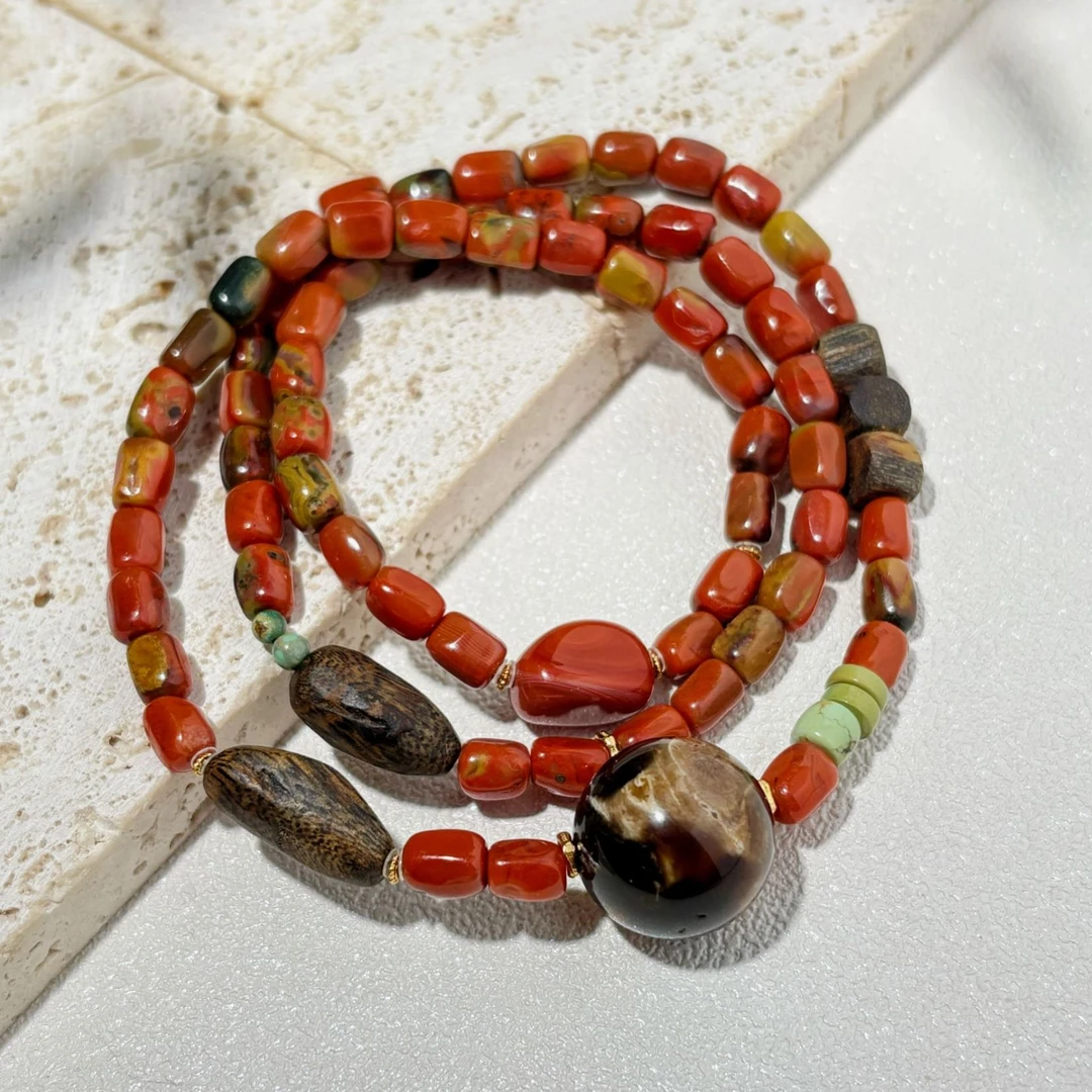 根珀包浆南红项链三圈手串.多样发其一