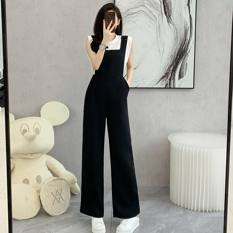 时尚气质背带长裤时尚套装韩版吊带直筒宽松黑色连体裤丘比特白T