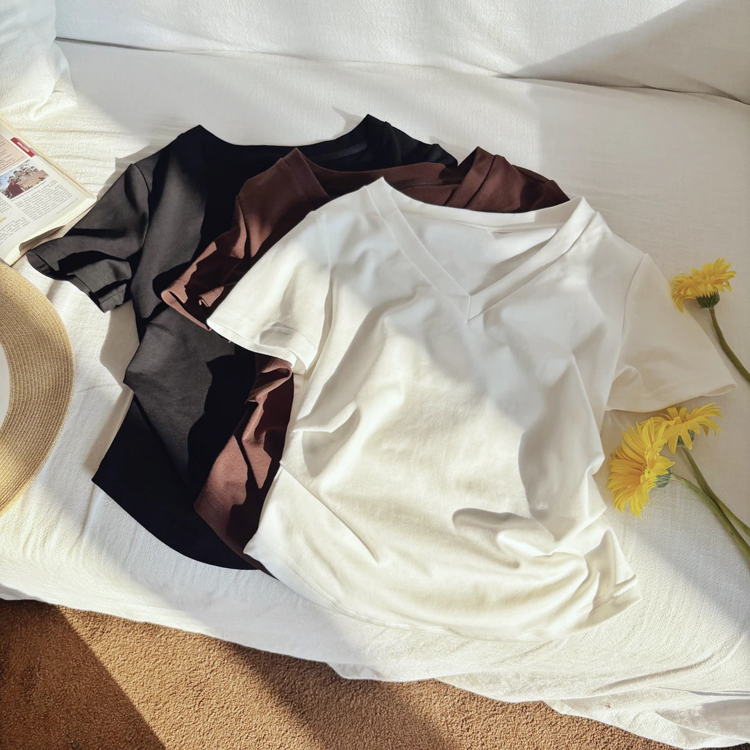 【小小】小个子定制短袖压褶显瘦常规百搭V领T恤夏季韩版纯色透气