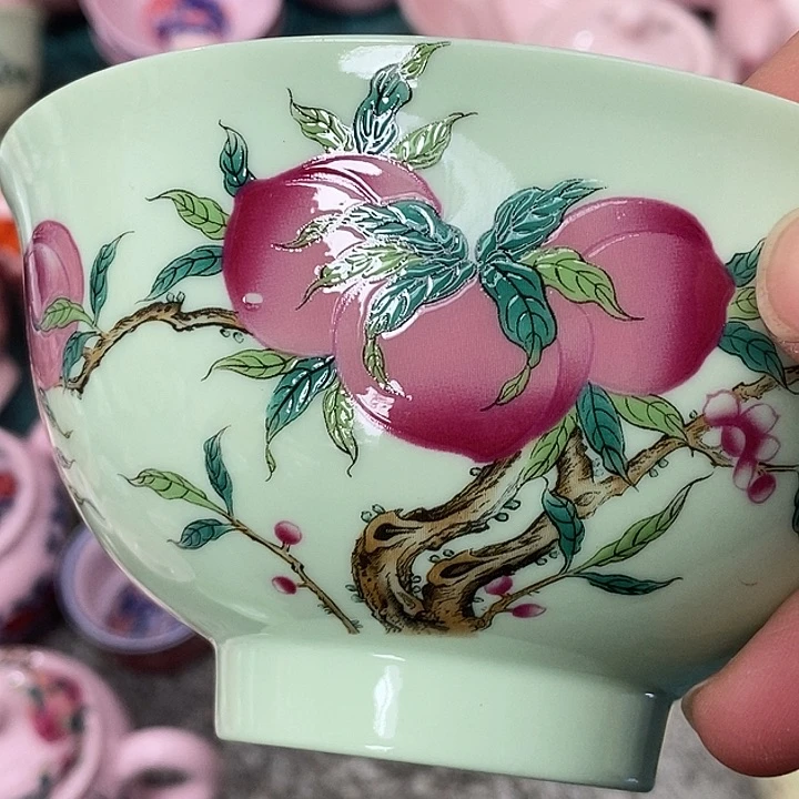 摆件陶绿稀土寿桃五寸碗