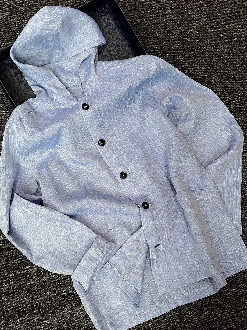 100亚麻设计感简约百搭连帽衬衫男度假老钱风度假风外套0145