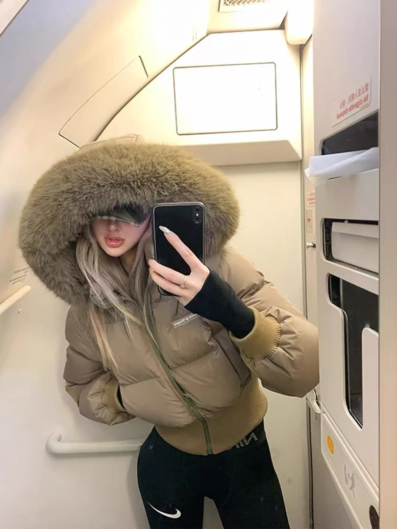 高腰修身型保暖连帽显瘦短款棉服棉衣加厚毛领网红女