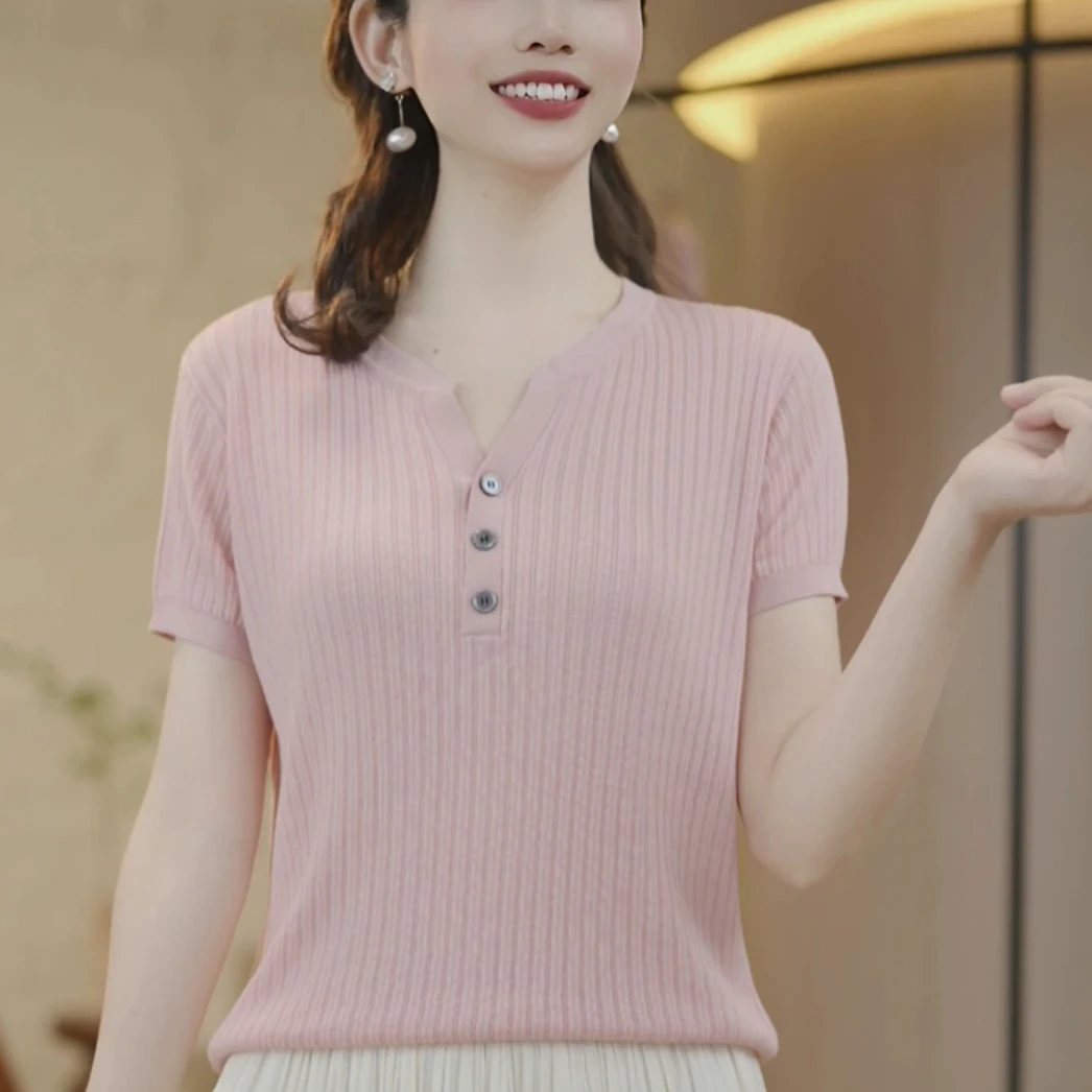 半开领天丝针织短袖T恤女夏季薄款遮肚显瘦上衣简约百搭洋气小衫