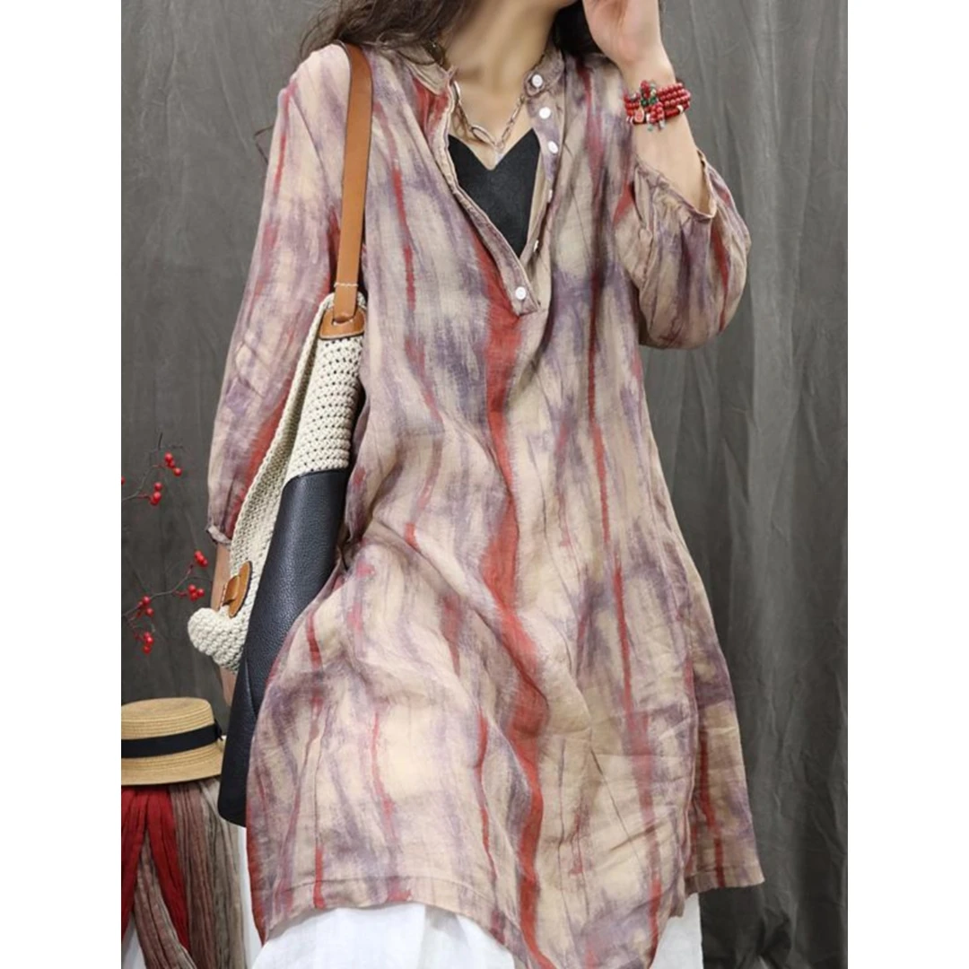 2025春季薄款复古宽松大码V领休闲大摆中长款条纹飘逸衬衫裙女