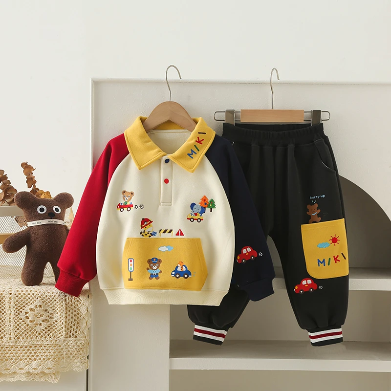 miki儿童加绒卫衣套装翻领卫衣长袖加绒卫裤两件套卡通777+778