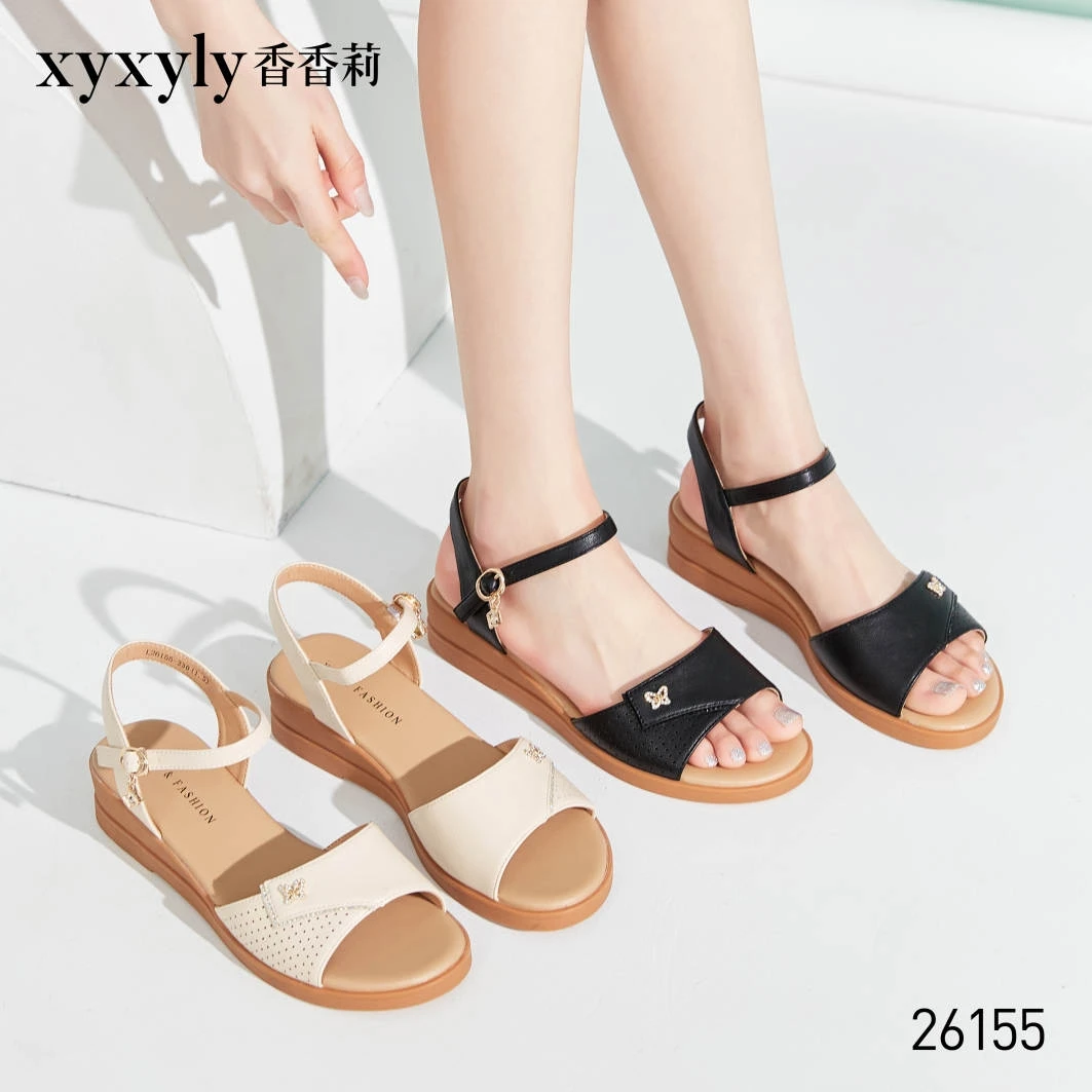 香香莉2024夏季女鞋26155鱼嘴低跟坡跟牛津低妈妈工作舒适女凉鞋