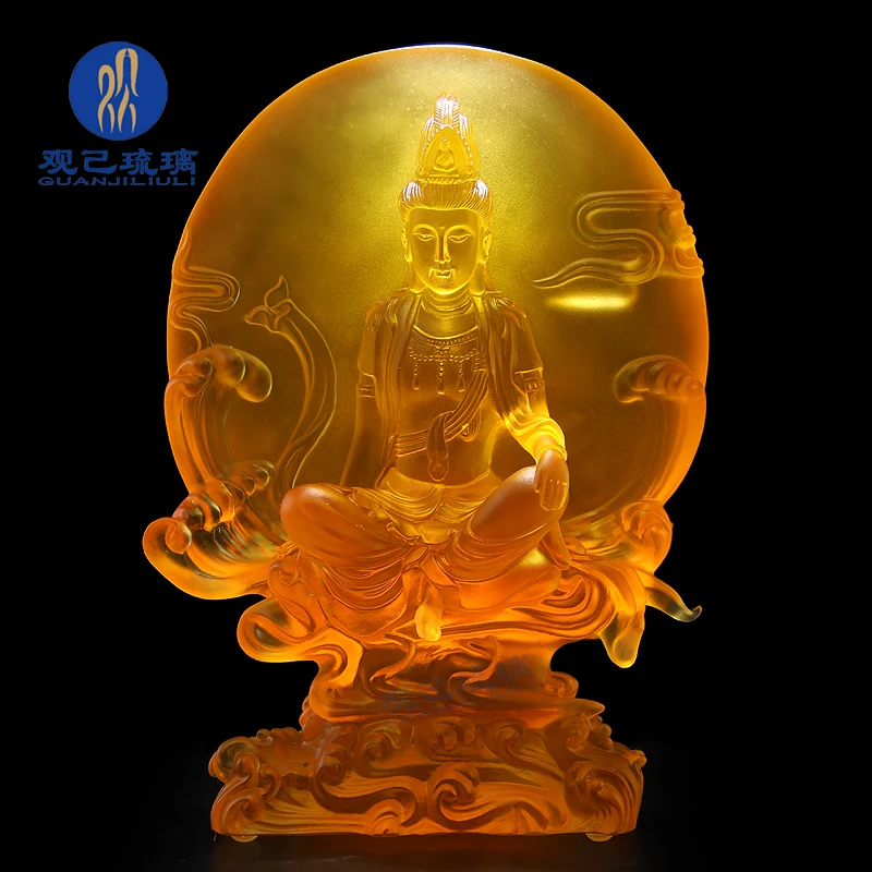 琉璃水月观音菩萨背板自在菩萨摆件客厅书房书桌摆放供奉菩萨