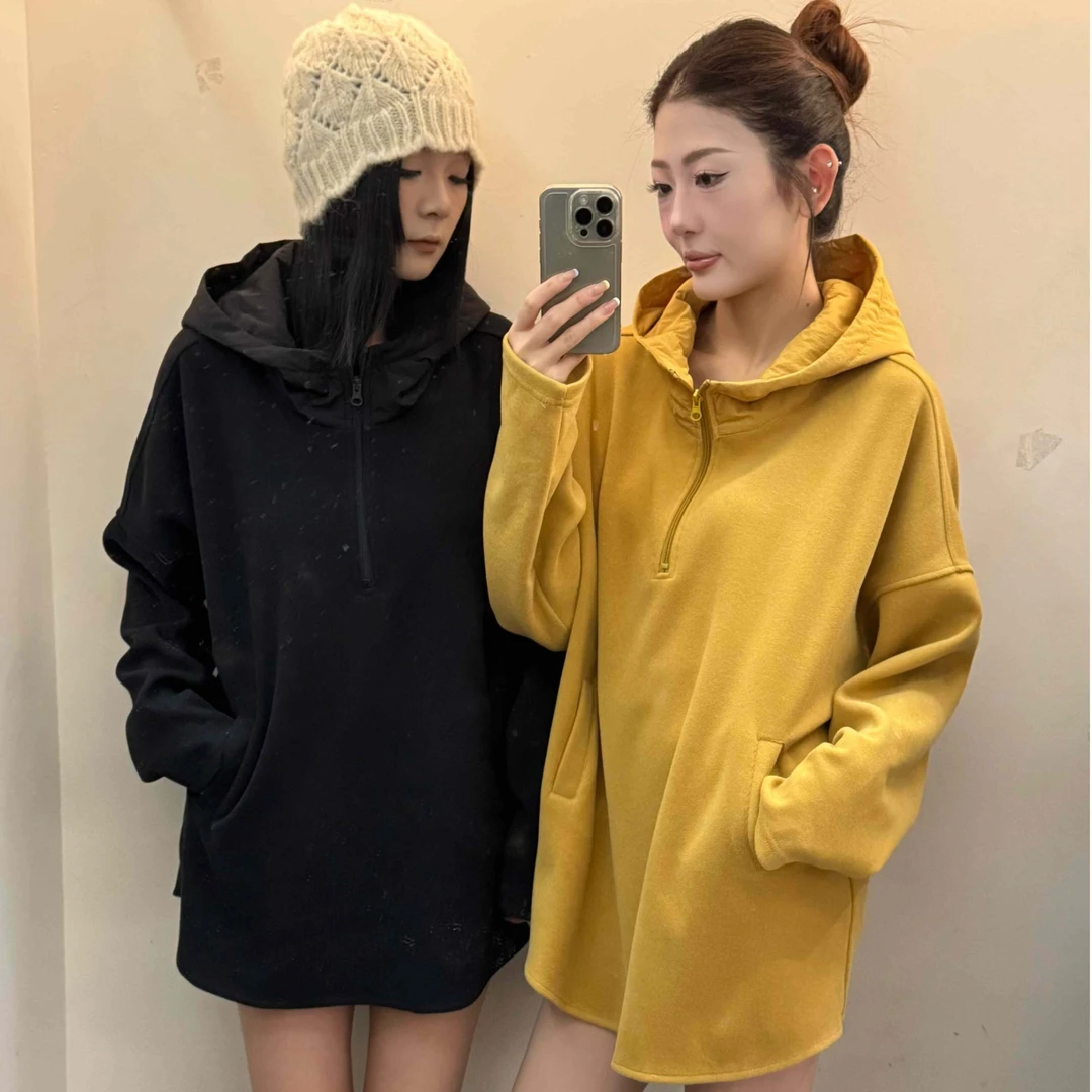 高端欧货连帽半拉链卫衣女2025秋冬新款宽松慵懒风洋气中长款上衣