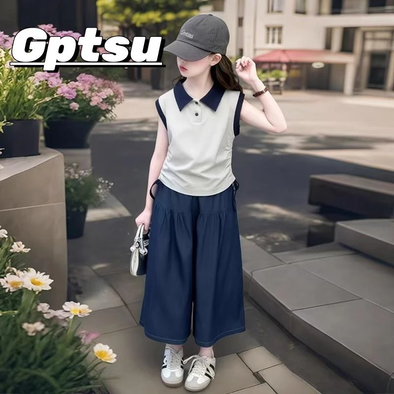 GPTSu女童Polo衫无袖套装2025新款女孩高级感牛仔阔腿裤儿童装潮