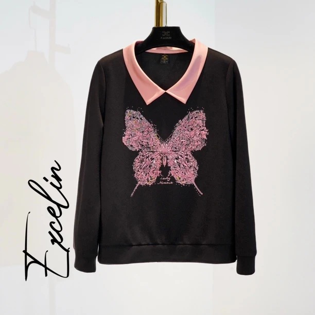 【粉蝶翻领卫衣】高档时尚柔软舒适正肩显瘦减龄洋气套头休闲女上衣