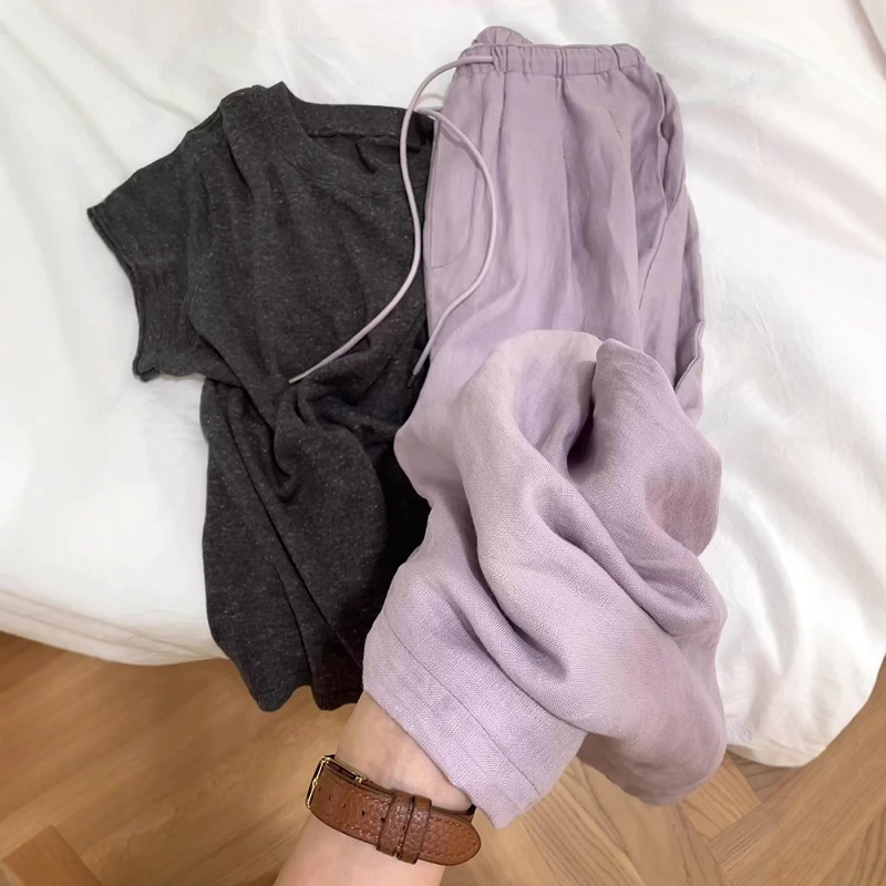 慵懒风紫色透气高腰裤子女夏宽松垂感阔腿裤直筒休闲薄款遛弯长裤