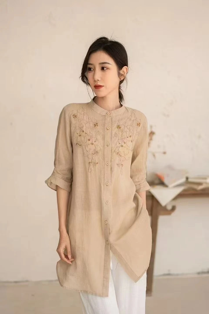 （再见时光）苎麻短袖上衣复古做旧百搭时尚休闲