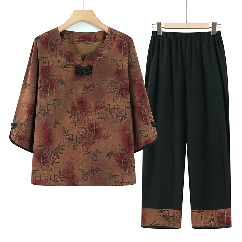 中老年人女夏季衬衫妈妈夏天宽松国风衬衣老太太衣服奶奶夏装套装