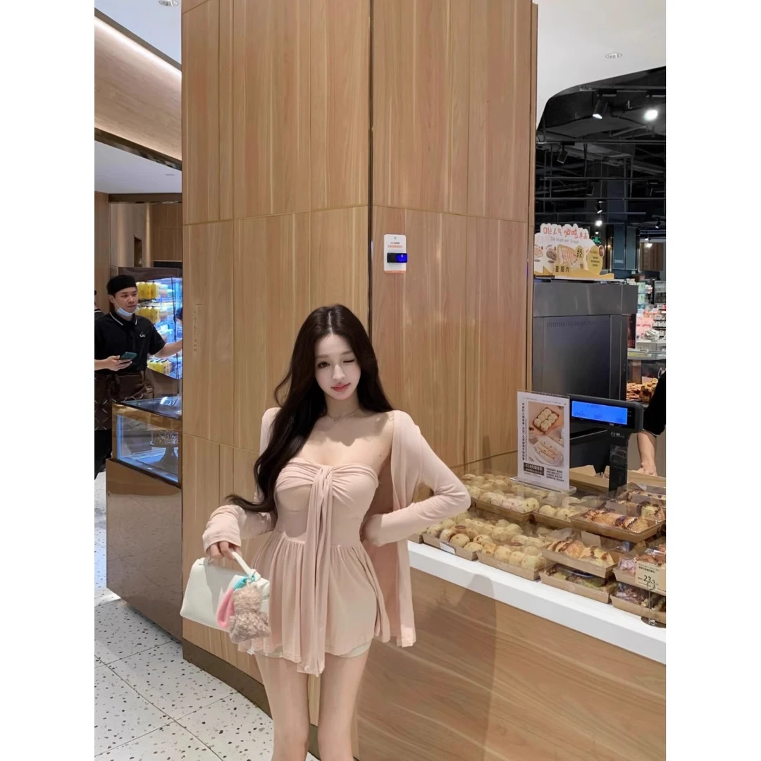 pinkmoon||慵懒姐姐罩衫粉色抹胸背心带胸垫两件套显瘦辣妹