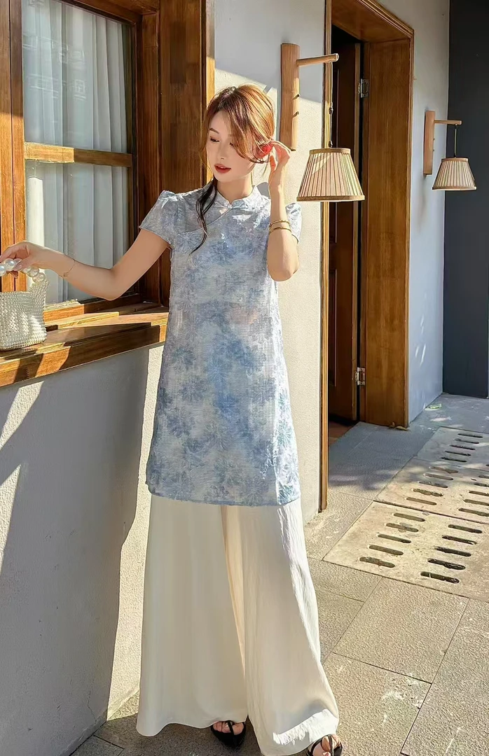 【现货】新中式旗袍式上衣国风短袖+高腰阔脱裤两件套