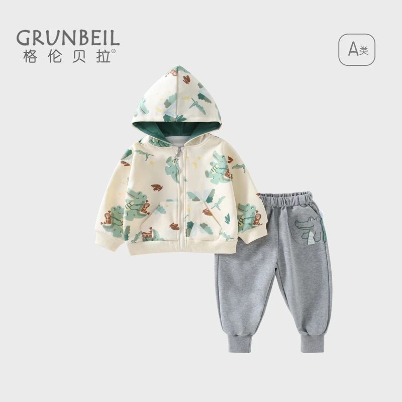 格伦贝拉拉链休闲风秋冬男套装卡通风连帽春秋男童秋季恐龙