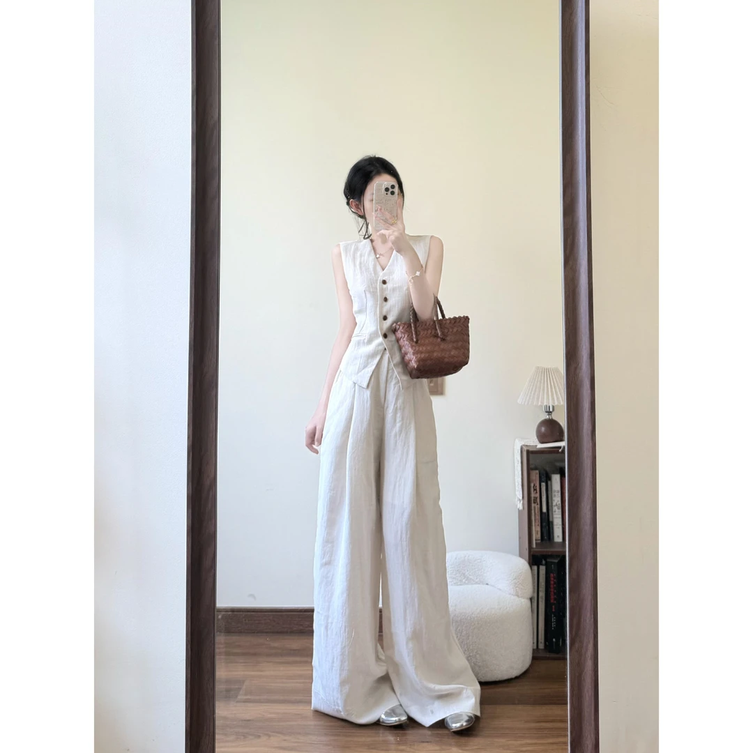 MARIE.COCO老钱风V领无袖马甲开衫阔腿拖地休闲裤女夏季时尚套装