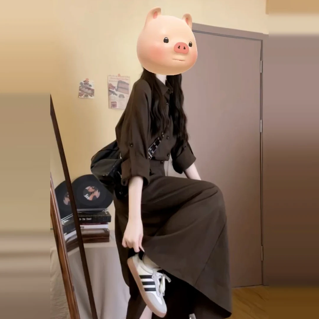 早秋2025新款复古高级感衬衫长袖连衣裙子女美拉德穿搭polo领长裙