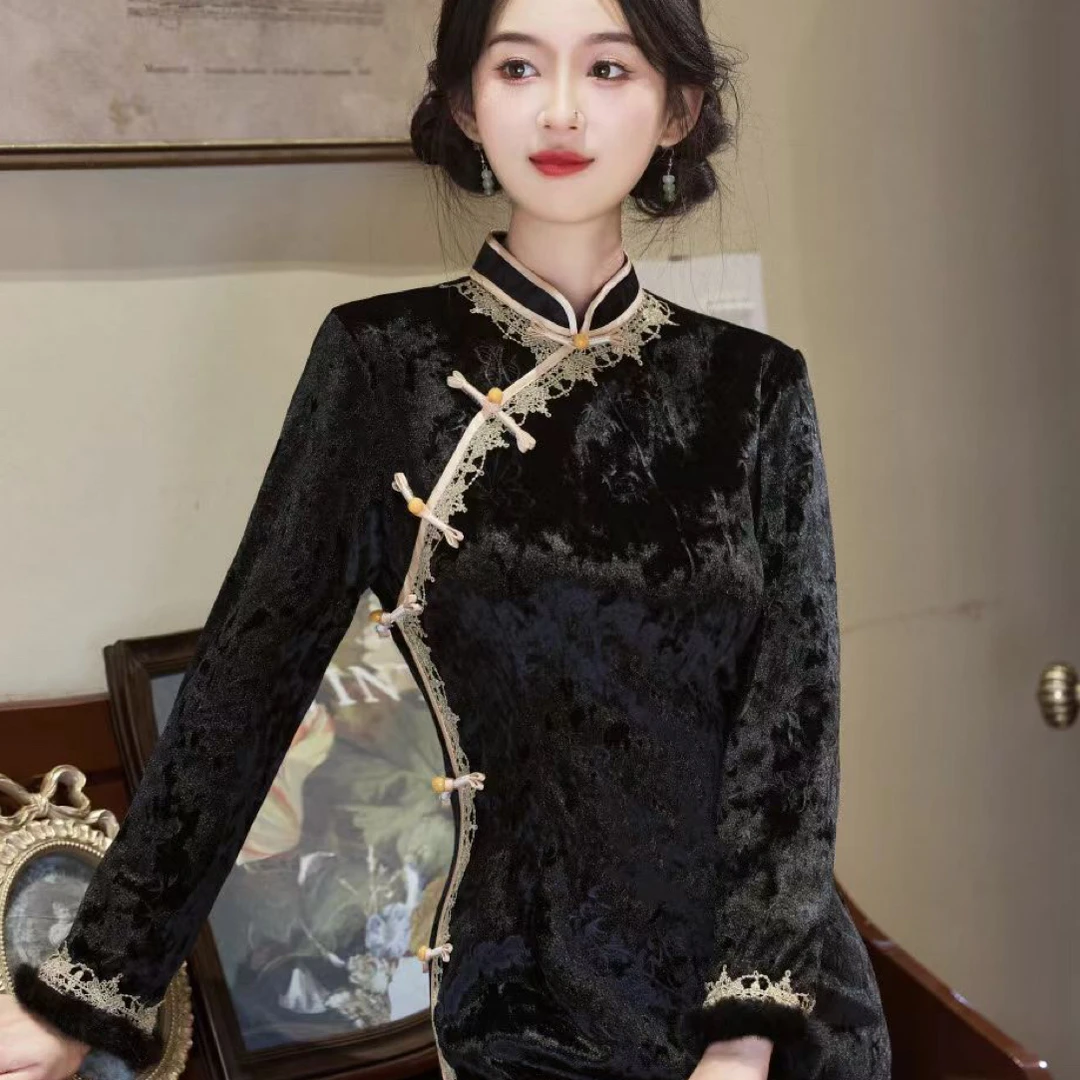 2025年冬丝绒气质优雅撞色高端显瘦黑色复古改良版旗袍裙加绒加厚