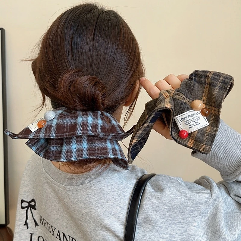 学院风格子方巾大肠发圈女丸子头低马尾发绳方形头绳头饰2025秋冬