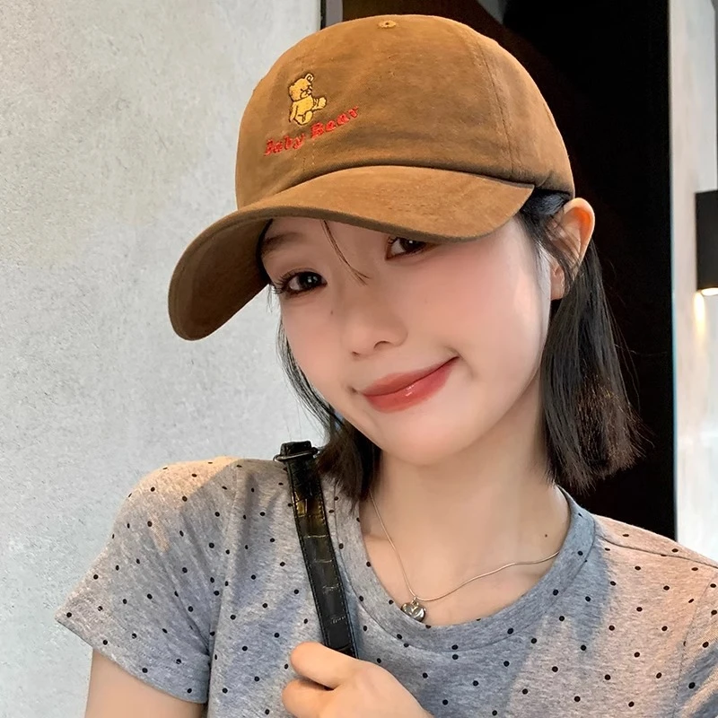 韩版可爱卡通小熊刺绣棒球帽女夏季百搭遮阳大头围显脸小鸭舌帽子