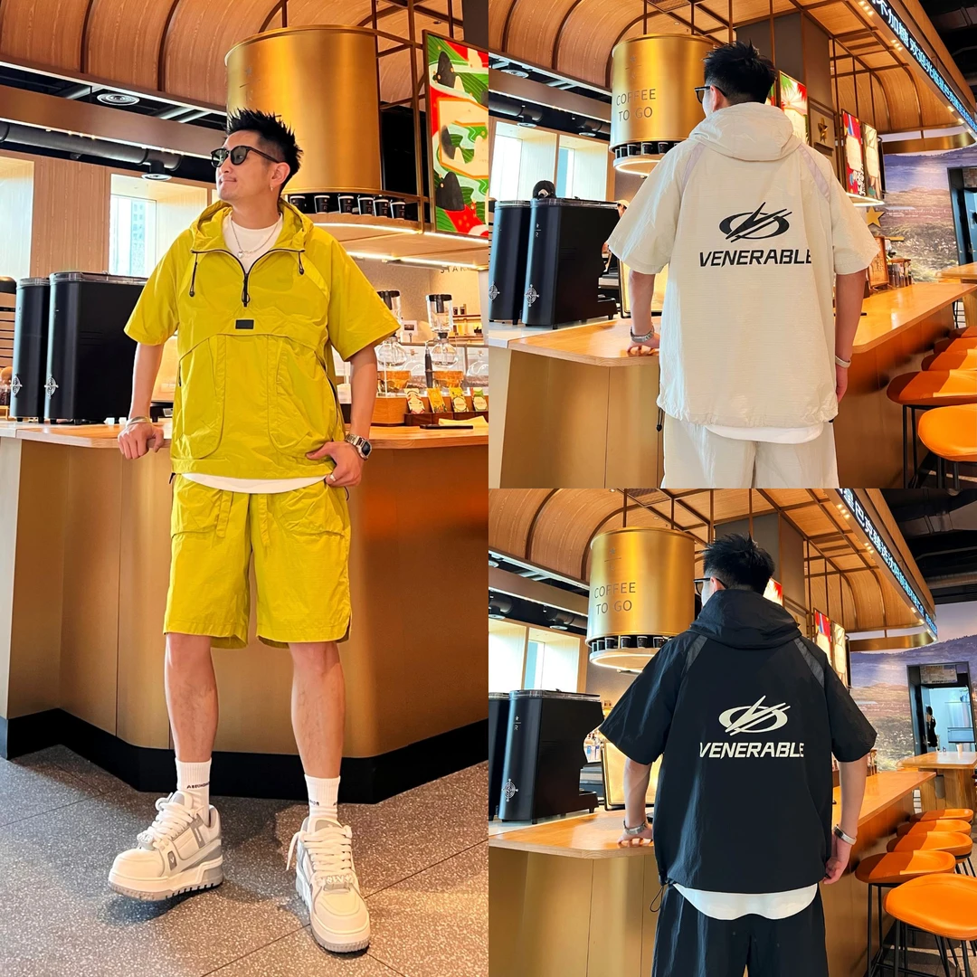 工装风日系简约纯色半拉链套头连帽时尚男士大口袋透气孔两件套装